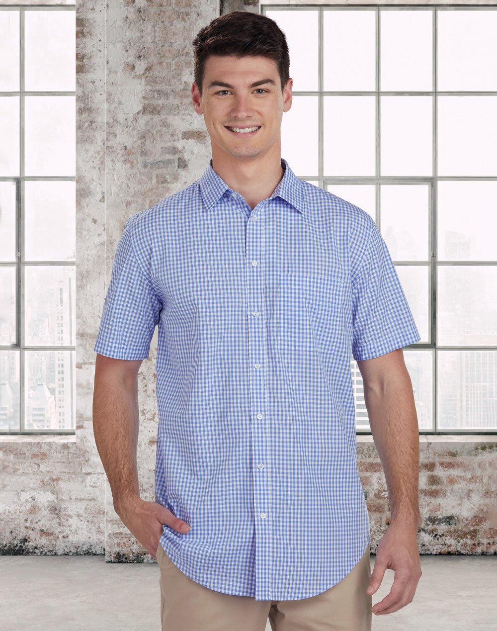 Benchmark M7300S Men’s Gingham Check Short Sleeve Shirt - WEARhouse