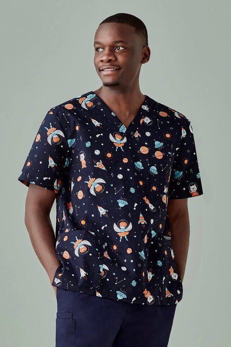 BIZ CARE MENS SPACE PARTY SCRUB TOP CST148MS - WEARhouse