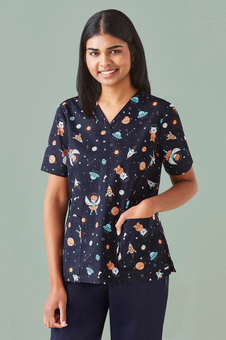 BIZ CARE WOMENS SPACE PARTY SCRUB TOP CST148LS - WEARhouse