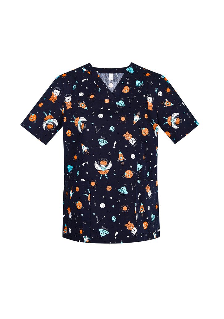 BIZ CARE WOMENS SPACE PARTY SCRUB TOP CST148LS - WEARhouse