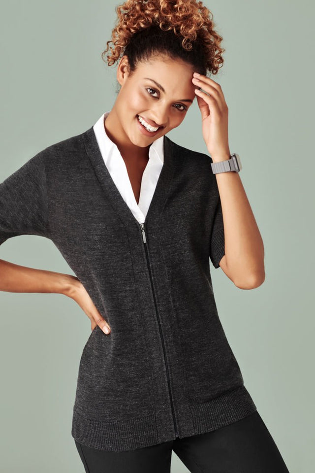 BIZ CARE WOMENS ZIP FRONT SHORT SLEEVE KNIT CK962LC - WEARhouse