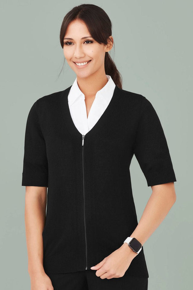 BIZ CARE WOMENS ZIP FRONT SHORT SLEEVE KNIT CK962LC - WEARhouse