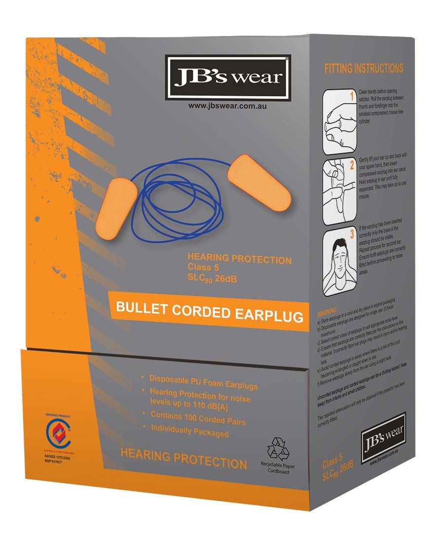 JB's Wear BULLET SHAPED CORDED EARPLUG (100 PAIR) 8P001 - WEARhouse