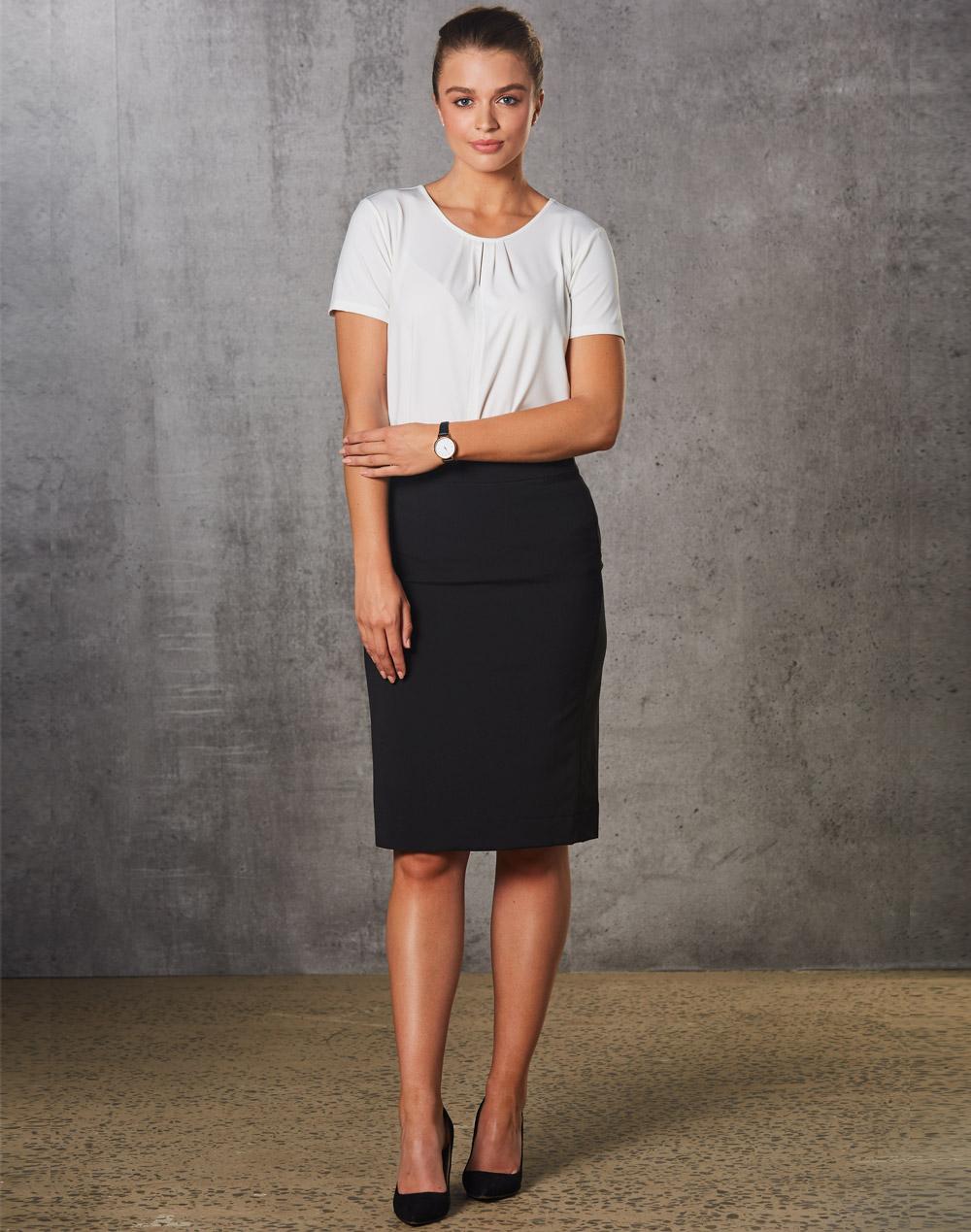 M9472 Women's Poly/Viscose Stretch Stripe Mid Length Lined Pencil Skirt - WEARhouse